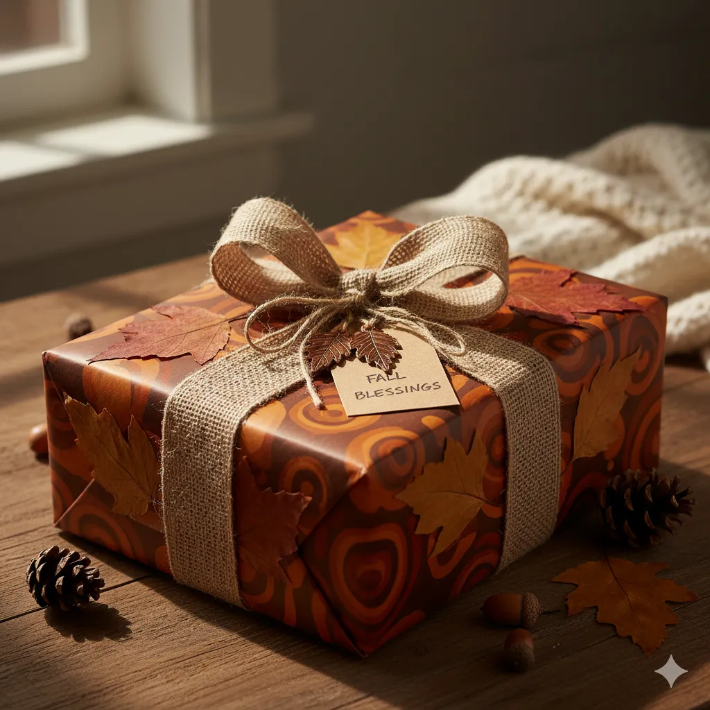 Autumn-themed gift with orange and brown paper and leaf accents