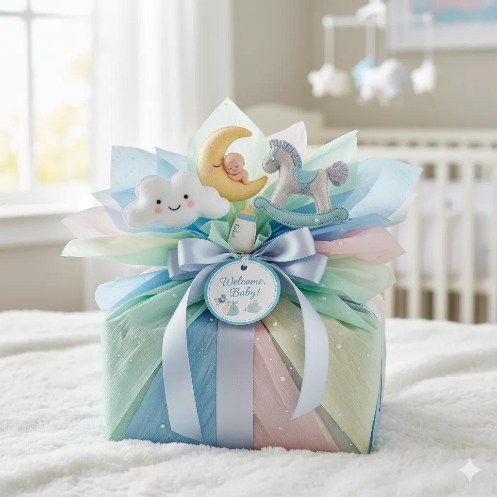 Baby shower gift with delicate pastel wrapping and baby-themed decorations