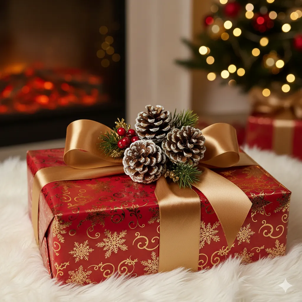 Christmas gift wrapped in red and gold paper with pine cone decorations