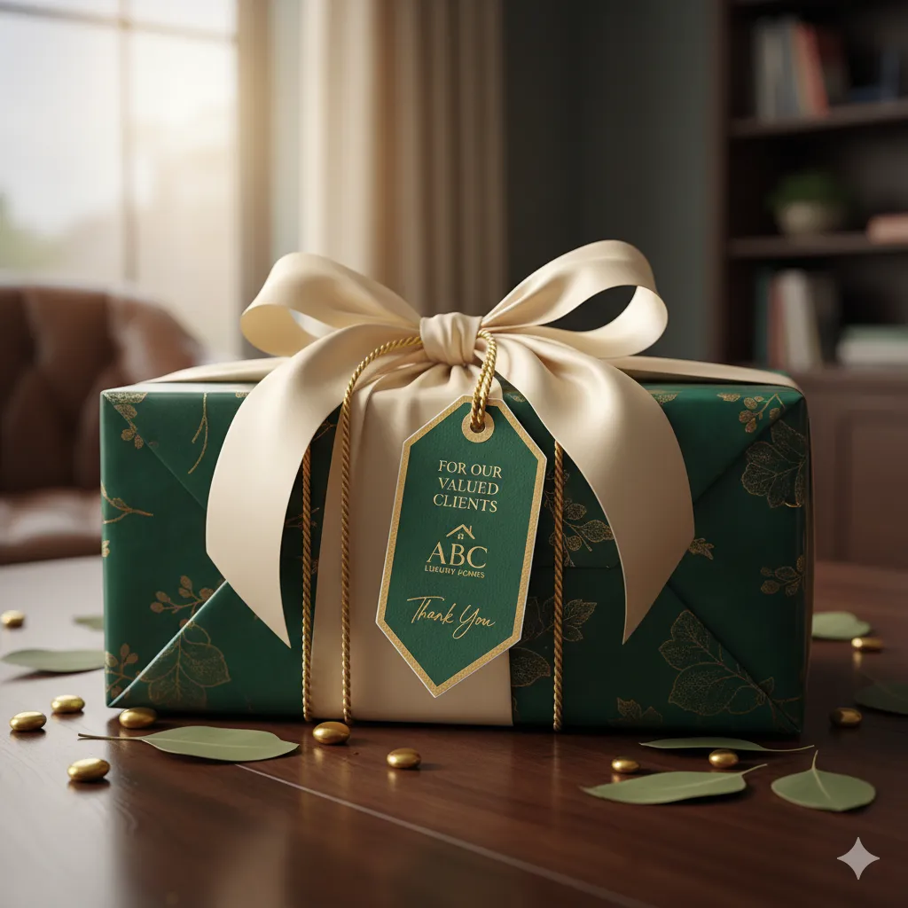 Client appreciation gift with elegant wrapping and custom tag