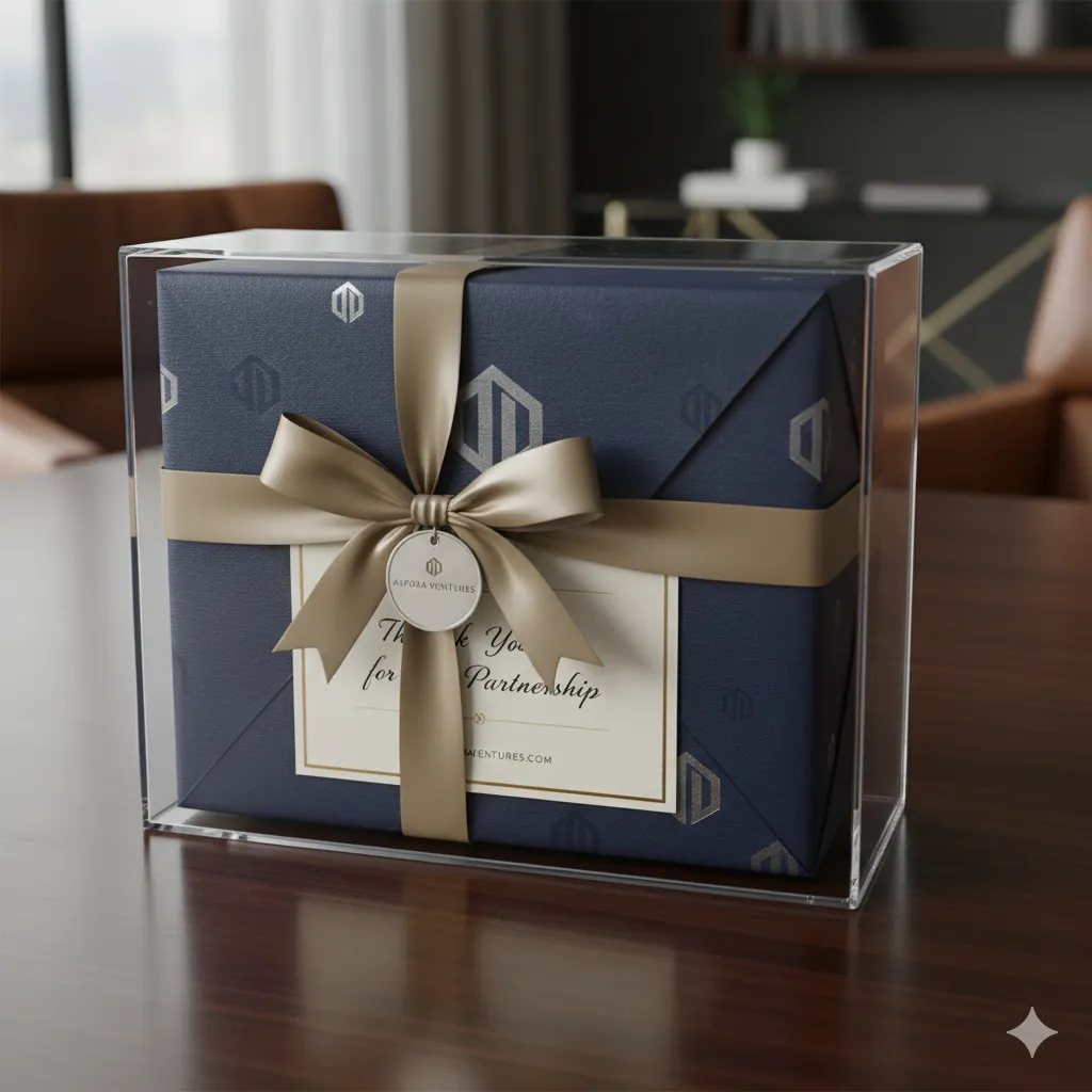 Corporate gift wrapping package with branded elements and professional finish