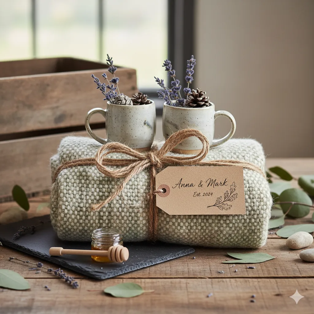Rustic wedding gift with natural materials and twine