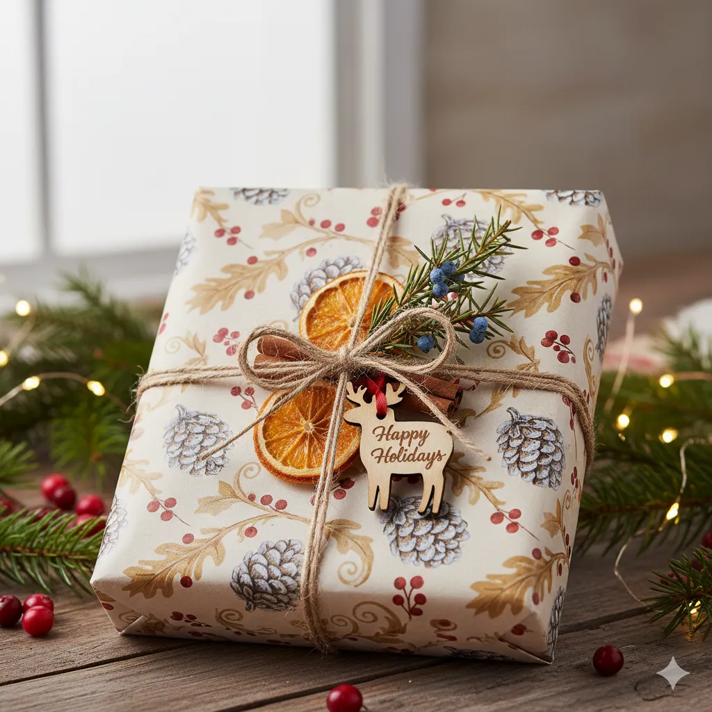 Seasonal wrapping package with festive designs and natural decorations