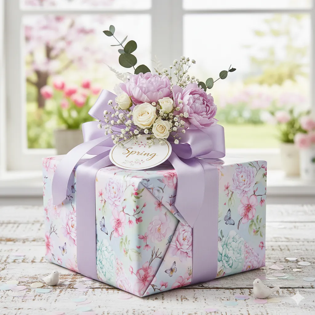 Spring-themed gift with pastel colors and floral decorations