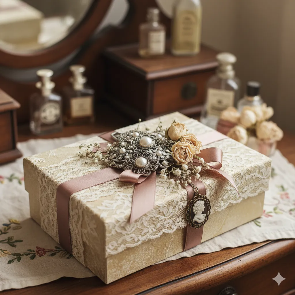 Vintage-inspired wedding gift with lace and antique-style embellishments